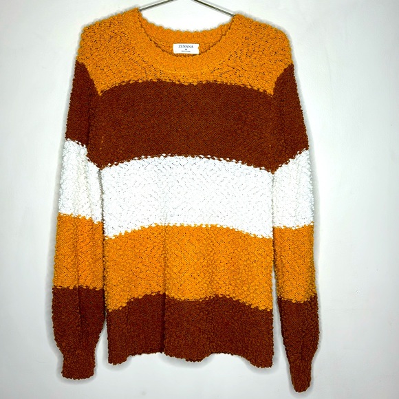 Zenana | Retro Orange Brown White Color Block Sweater Fall Vibes Cozy Shirt M - Picture 1 of 8